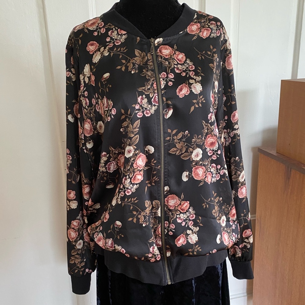 Love & Legend Floral Black Semi Sheer Bomber Jacket. Size 12.